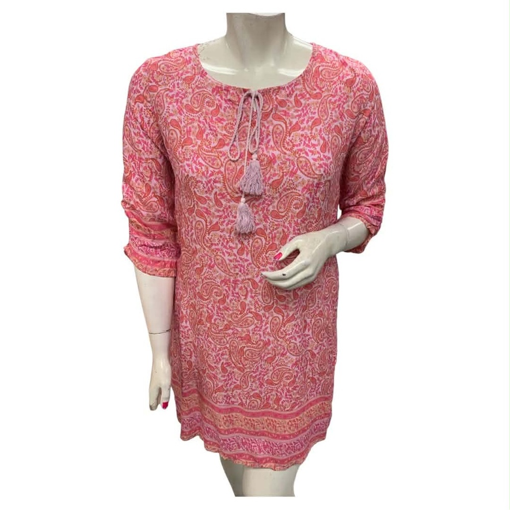 Chic Pink Paisley Dress with Tassels Size L